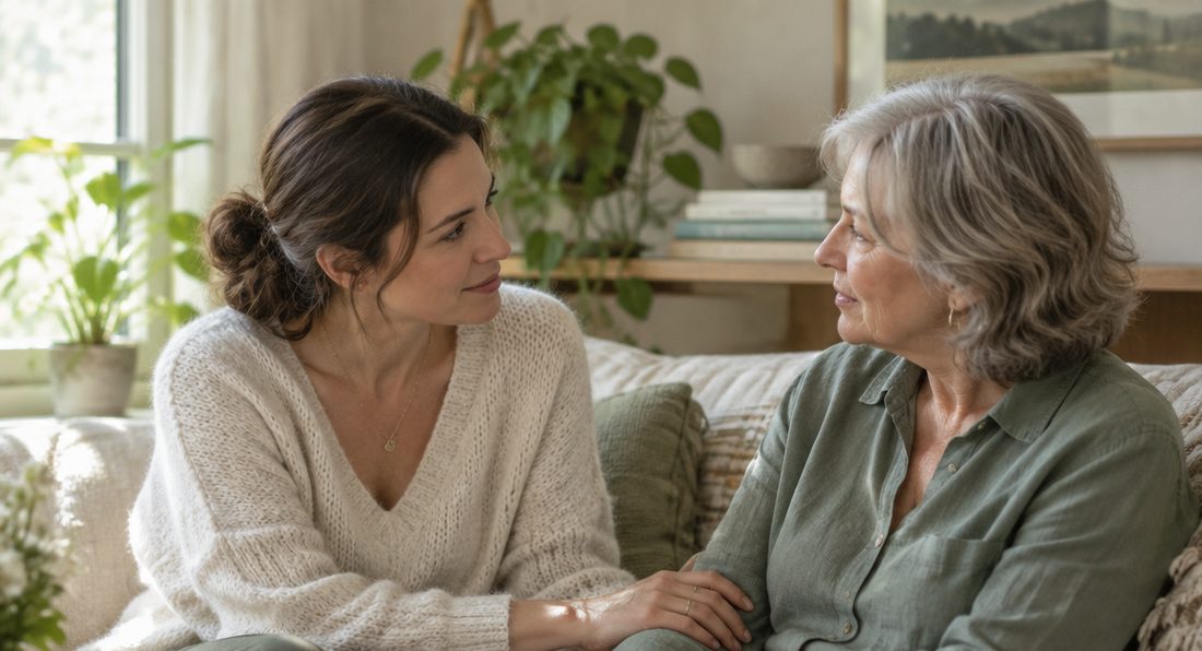 Two adults sitting together in conversation, one supporting the other